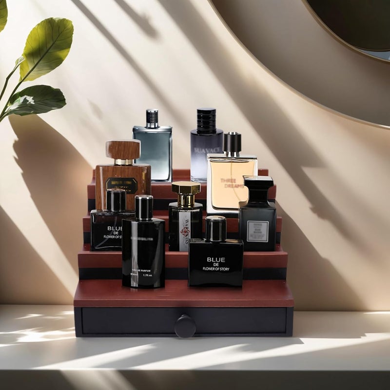 Fengligoo منظم عطور للرجال - حامل عرض عطور خشبي أسود من الجوز بأربعة مستويات مع درج وحيز مخفي، رف لحفظ العطور للرجال لتنظيم وتخزين، أسود من الجوز - Image 2